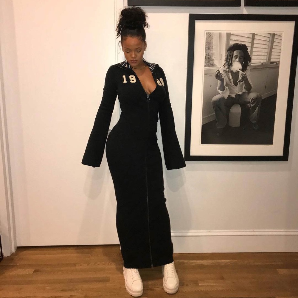 Fenty X Puma Sweater Maxi Dress With Zip-up Front In Black. As worn by Rihanna.